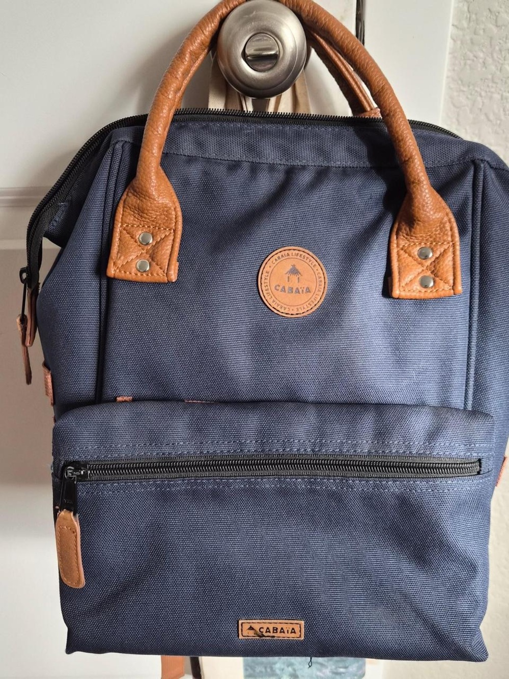 Navy Blue Backpack with Tan Leather Accents